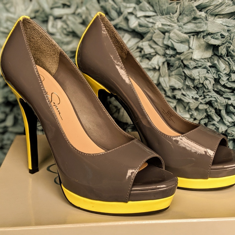 Jessica Simpson Grey and Yellow Platform Peep Toe